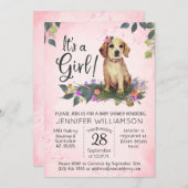 女の子だ！フローラパピーウォーター色ベビーシャワー 招待状 (正面/裏面)