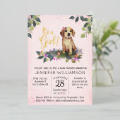 女の子だ!フローラパピーウォーター色ベビーシャワー 箔招待状 (立ち正面)