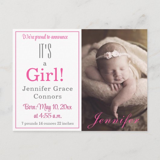 女の子だ!ホットピンクベビー誕生発表 案内ポストカード (正面)