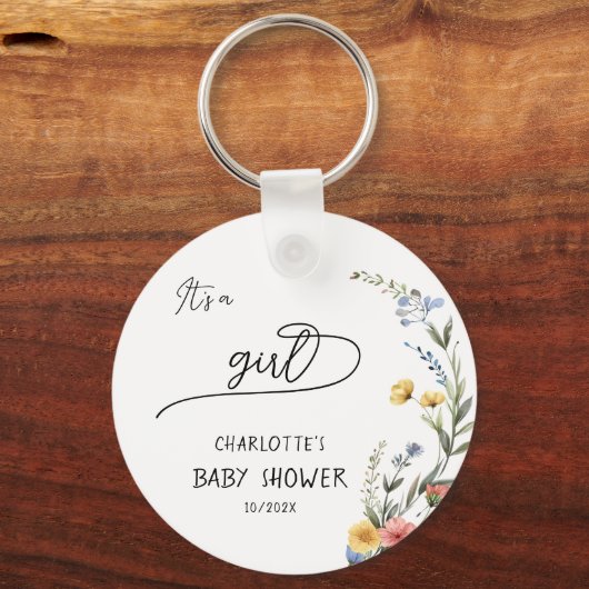 女の子だ！ワイルドフラワーカラフルの赤ちゃんシャワー キーホルダー (正面)