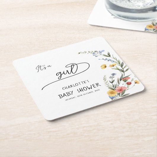 女の子だ！ワイルドフラワーカラフルの赤ちゃんシャワー スクエアペーパーコースター (アングル)