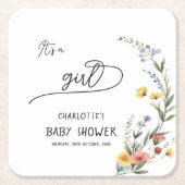 女の子だ！ワイルドフラワーカラフルの赤ちゃんシャワー スクエアペーパーコースター (正面)
