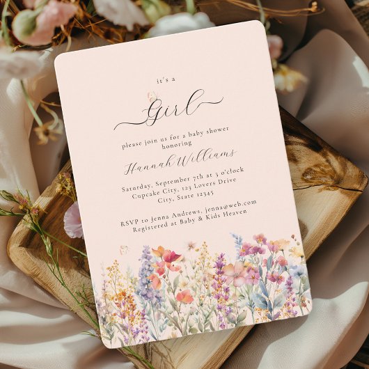 女の子だ！ワイルドフラワーモダン、ベビーシャワー 招待状