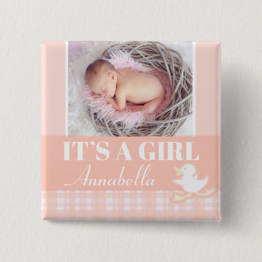 「女の子だ」写真と名前生まれたばかりの桃のバッジ 缶バッジ (正面)