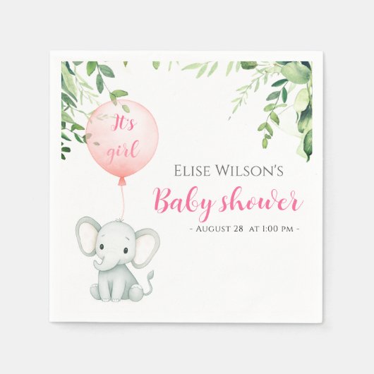 女の子だ！可愛い小さな象のベビー（風船あり） スタンダードカクテルナプキン (正面)