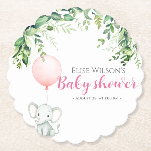 女の子だ！可愛い小さな象のベビー（風船あり） ペーパーコースター (正面)