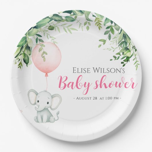 女の子だ！可愛い小さな象のベビー（風船あり） ペーパープレート (正面)