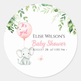 女の子だ！可愛い小さな象のベビー（風船あり） ラウンドシール