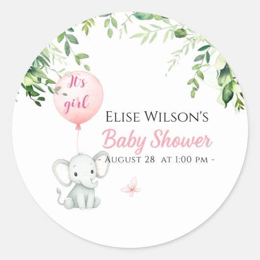 女の子だ!可愛い小さな象のベビー(風船あり) ラウンドシール (正面)