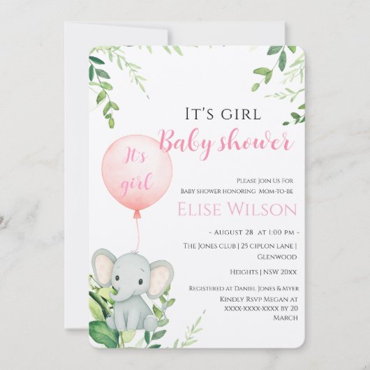 女の子だ！可愛い小さな象のベビー（風船あり） 招待状 (正面)