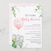 女の子だ！可愛い小さな象のベビー（風船あり） 招待状 (正面/裏面)