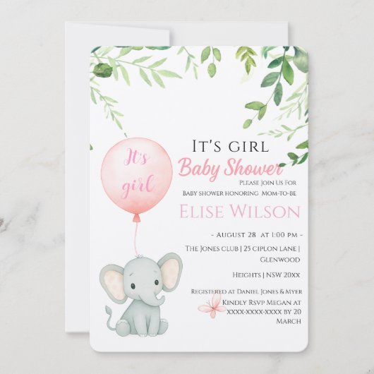 女の子だ！可愛い小さな象のベビー（風船あり） 招待状 (正面)