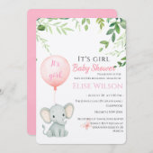 女の子だ！可愛い小さな象のベビー（風船あり） 招待状 (正面/裏面)
