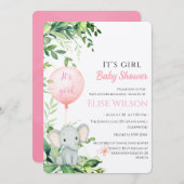 女の子だ！可愛い小さな象のベビー（風船あり） 招待状 (正面/裏面)