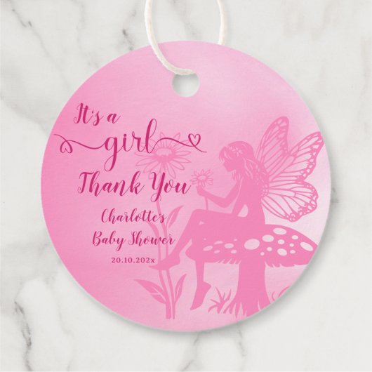 女の子だ！妖精のキノコと花の赤ちゃんシャワー フェイバータグ (裏面)