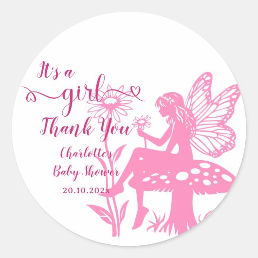 女の子だ！妖精のキノコと花の赤ちゃんシャワー ラウンドシール (正面)