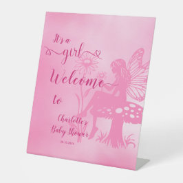 女の子だ!妖精のキノコと花の赤ちゃんシャワー 台座サイン