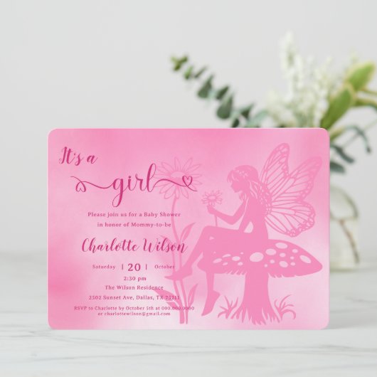 女の子だ!妖精のキノコと花の赤ちゃんシャワー 招待状 (スタンド正面)