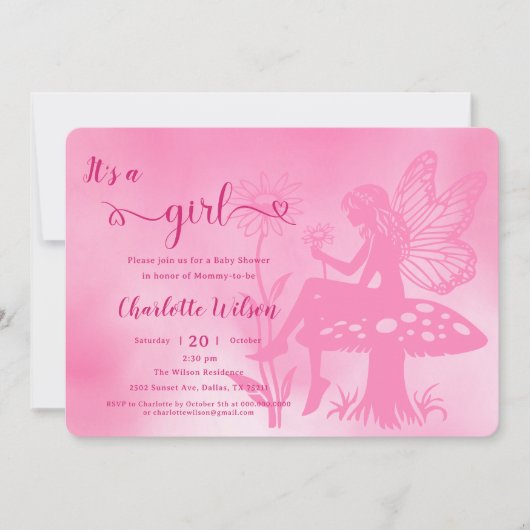 女の子だ!妖精のキノコと花の赤ちゃんシャワー 招待状 (正面)