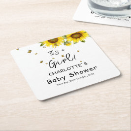 女の子だ！水彩ひまわり蝶 スクエアペーパーコースター