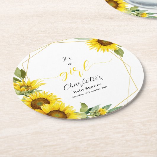 女の子だ！水彩ひまわり赤ちゃんシャワー ラウンドペーパーコースター (アングル)