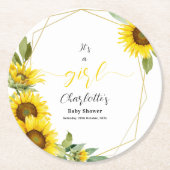 女の子だ！水彩ひまわり赤ちゃんシャワー ラウンドペーパーコースター (正面)