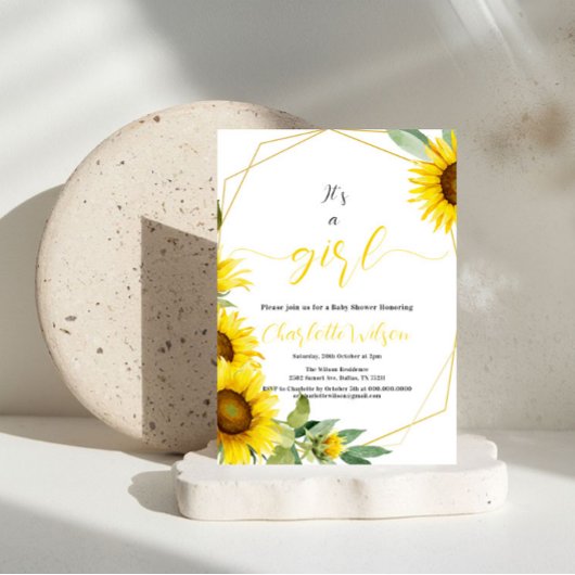 女の子だ!水彩ひまわり赤ちゃんシャワー 招待状