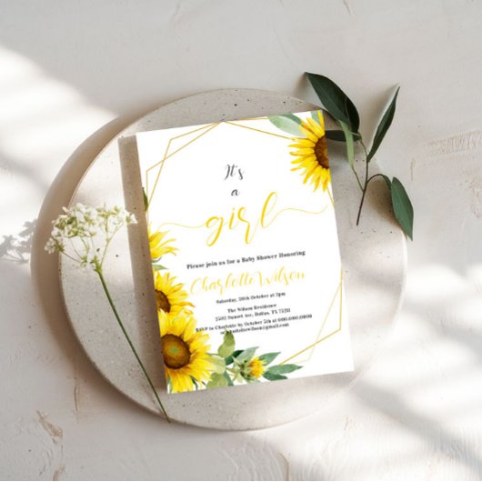 女の子だ!水彩ひまわり赤ちゃんシャワー 招待状