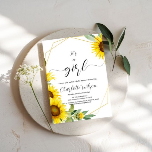 女の子だ！水彩ひまわり赤ちゃんシャワー 招待状