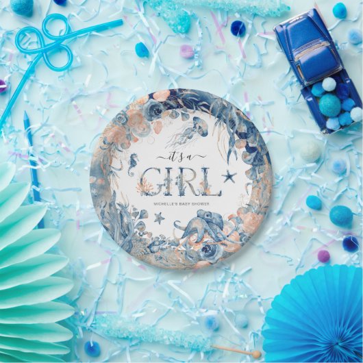 女の子だ!水彩海中赤ちゃんシャワー ペーパープレート (パーティー)