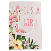 女の子だ!熱帯フローラ金ゴールドピンクフラミンゴ ミディアムペーパーバッグ (裏面)