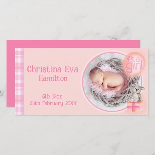 「女の子だ」生まれたばかりのベビー告知カード 案内状 (正面/裏面)