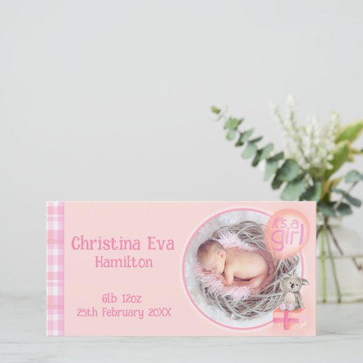 「女の子だ」生まれたばかりのベビー告知カード 案内状 (スタンド正面)