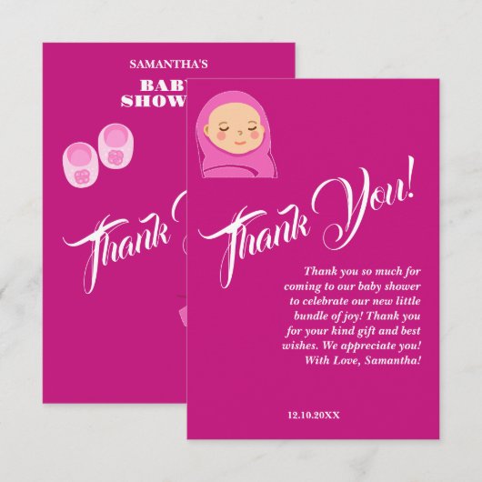 女の子だ!赤ちゃんシャワーピンクモダン。 サンキューカード (正面/裏面)