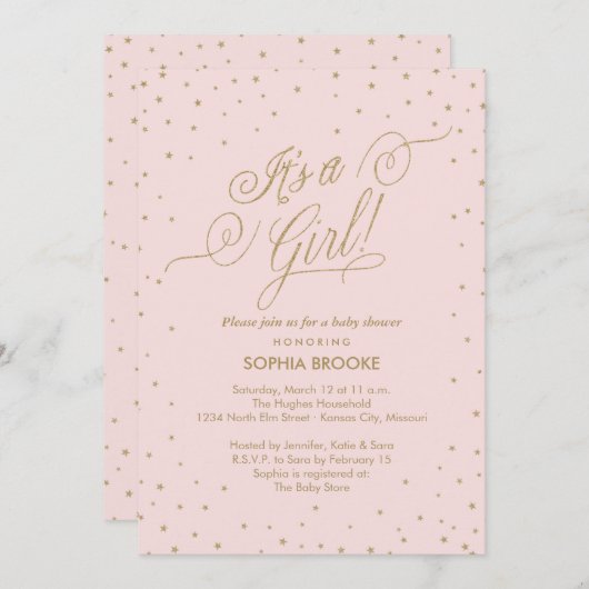 女の子だ!金ゴールドスターファンシーズピンクベビーシャワー 招待状 (正面/裏面)