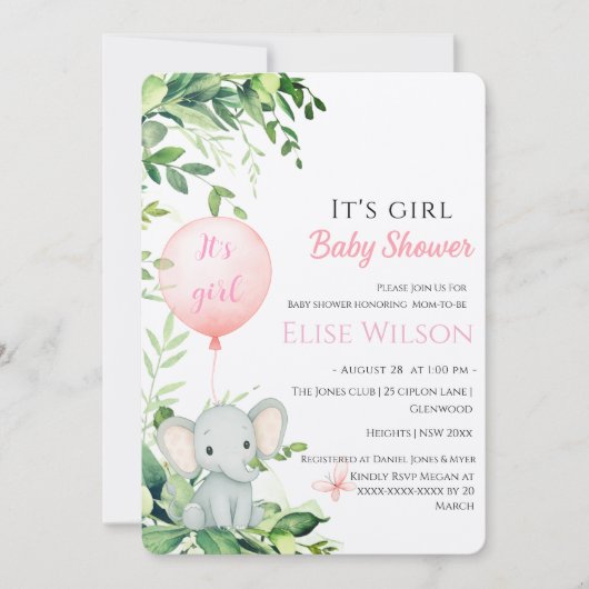 女の子だ！風船を持ったかわいい小さな象の赤ちゃん！ 招待状 (正面)