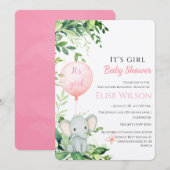 女の子だ！風船を持ったかわいい小さな象の赤ちゃん！ 招待状 (正面/裏面)