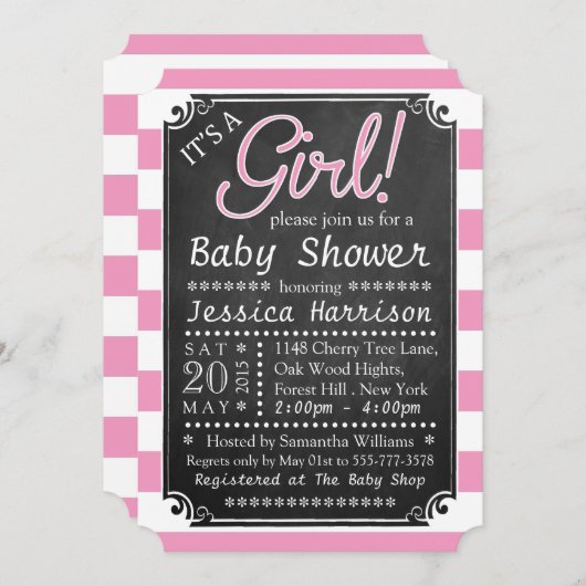 女の子だ!黒板ベビーシャワー招待状 招待状 (正面/裏面)