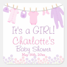 女の子だ!Lil Clothes Pink & Purpleベビーシャワー スクエアシール