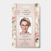 女の子っぽいエレガントなピンクの花柄 社員写真IDバッジ バッジ (正面)