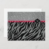 女の子っぽいグリッター シルバー ピンク ゼブラ あなたのイニシャルを追加 ポストカード (正面/裏面)