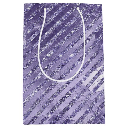 女の子っぽいゴージャスな紫のグリッター ストライプの誕生日 ミディアムペーパーバッグ (正面)