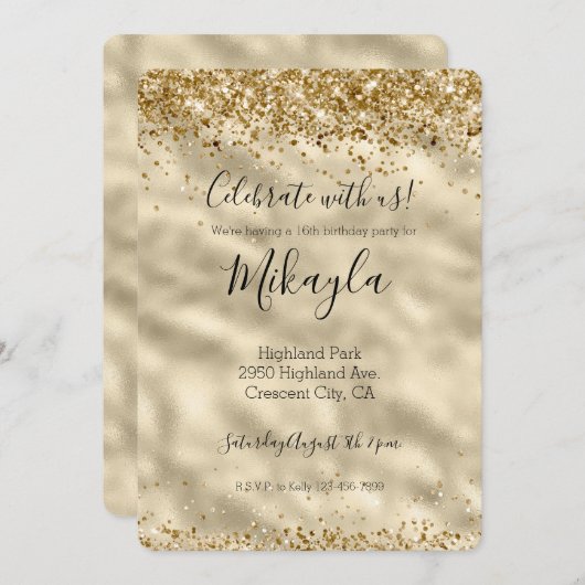 女の子っぽいゴージャスゴールドグリッターキラキラコンフェッティ 招待状 (正面/裏面)