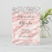 女の子っぽいゴージャス ピンク シルバー グリッター スパークル コンフェッティ 招待状 (スタンド正面)