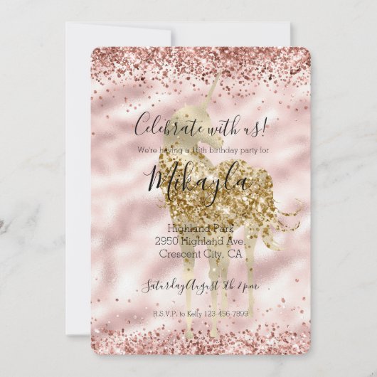 女の子っぽいゴールドユニコーンピンクグリッターキラキラコンフェッティ 招待状 (正面)