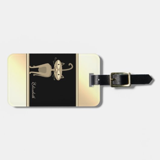 女の子っぽいモダンなブラック、ゴールド、ファンシーな猫-パーソナライズド ラゲッジタグ (正面横)