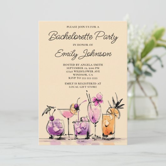 女の子っぽいモダンカクテルイラスト ブライズメイドパーティー 招待状 (スタンド正面)