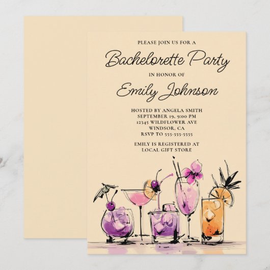 女の子っぽいモダンカクテルイラスト ブライズメイドパーティー 招待状 (正面/裏面)