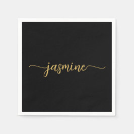 女の子っぽい ミニマリスト シンプル ブラック ゴールド モノグラム スクリプト スタンダードカクテルナプキン