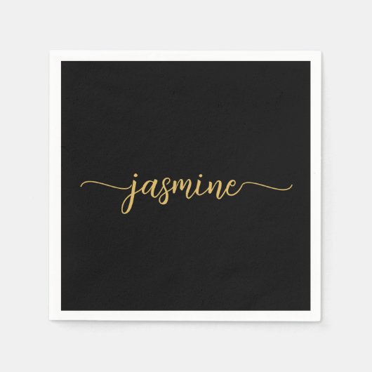 女の子っぽい ミニマリスト シンプル ブラック ゴールド モノグラム スクリプト スタンダードカクテルナプキン (正面)
